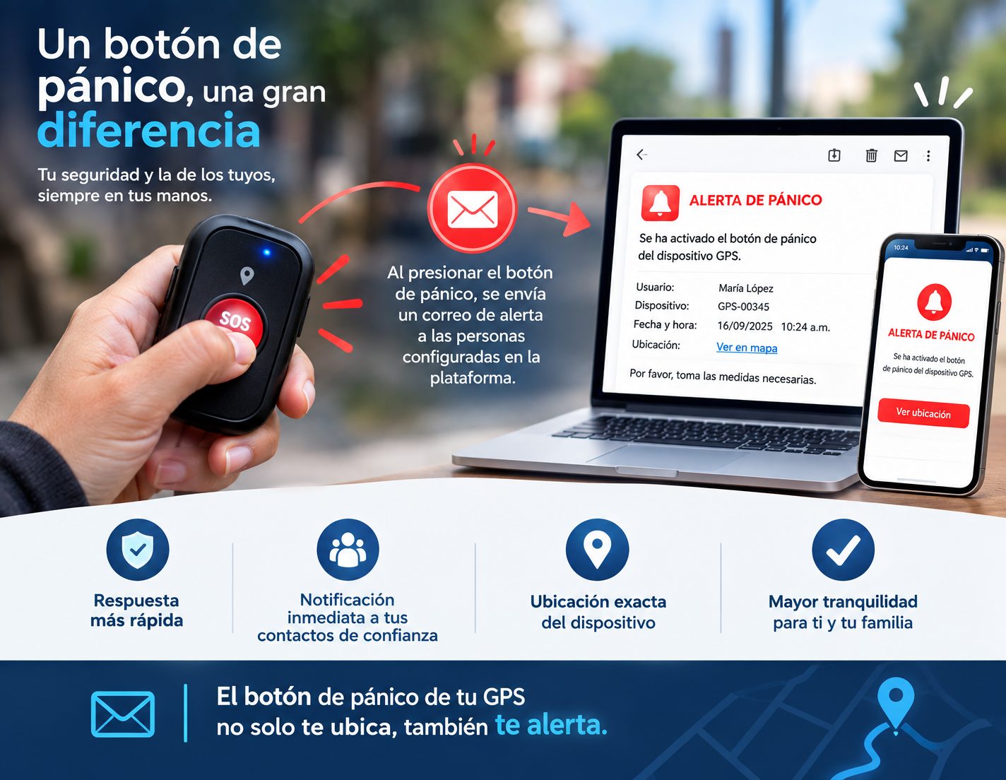 Botón de pánico del GPS familiar: al presionarlo se envía una alerta con la ubicación